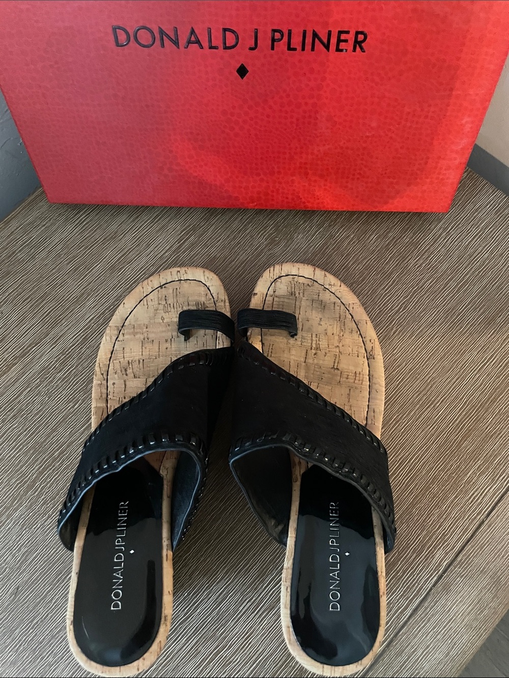 Donald J. Pliner Black Cork Toe-Loop Slide Sandals